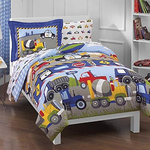 dream FACTORY Trucks Tractors Cars Boys 5-Piece Bedding Comforter Sheet Set, Twin Blue Red Multi Cover