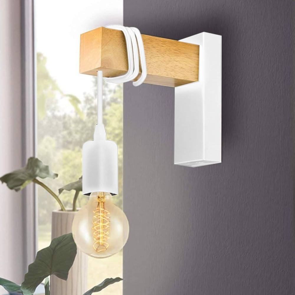 BARCELONA LED Applique da Parete Vintage in Legno e Metallo Stile Industriale Retro Design Tubo con Cavo Nero Interruttore E27 Lampada Comodino Lettura Camera Letto Soggiorno Loft Arredo Moderno