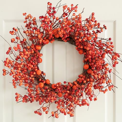 Fall Wreaths with Little Pumpkins & Berries, 20-22 Inch Harvest Thanksgiving Wreath, Farmhouse Fall Decorations for Home Front Door Porch Wall Window, Autumn Wreath for Indoor Outdoor