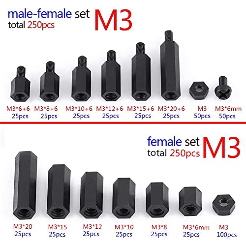 250 pieces M3 Nylon Male Female Hex Utility Spacer Standoff Screw Nut Assortment Mounting Hardware Kit, Prototyping Accessories For Circuit Board (A)