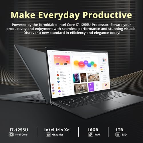 Image of Dell Inspiron 15.6 inch FHD Touchscreen Laptop, Intel Core i7 1255U, 16GB RAM, 1TB PCIe SSD, Intel Iris Xe Graphics, Copilot AI, Numeric Keypad, HD Webcam, Wi-Fi, Windows 11 Pro, Black