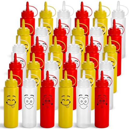 Image of 30 Pack 8 oz Condiment Squeeze Bottles Bulk Ketchup and Mustard Squeeze Bottles with Leak-proof Cap Smile Face Plastic Ketchup Dispenser Set for Kitchen Restaurant BBQ Grill Syrup Oil Salad Sauces