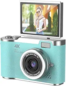 Câmera Digital 4K Ultra HD 48MP com Tela Giratória 180° Câmera Fotográfica Compacta para Vlog e Selfie Zoom 8X Flash LED e Bateria Recarregável (Azul)