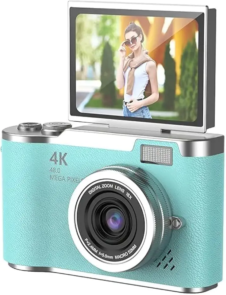 Câmera Digital 4K Ultra HD 48MP com Tela Giratória 180° Câmera Fotográfica Compacta para Vlog e Selfie Zoom 8X Flash LED e Bateria Recarregável (Azul)