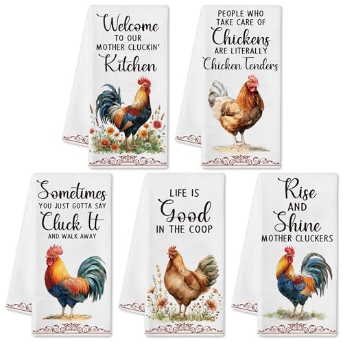 9tilight Funny Chicken Dish Towel Sets - 5Pcs Farmhouse Vintage Rustic Rooster Dishcloths Absorbent Quick Dry Cloth Dish Tea Towels Farm Animal Reusable Hand Towels for Bathroom Kitchen Home Decors