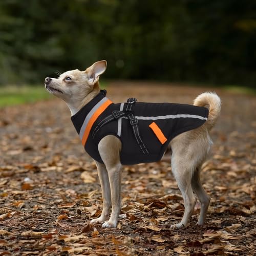 FEimaX Hundemantel Wasserdicht Winddichte Winter Fleece Hundejacke mit Geschirr Hund Wintermantel Warme Weste Reflektierende Verstellbar Haustier Kleidung für Kleine Mittelgroße Hunde (S, Schwarz)