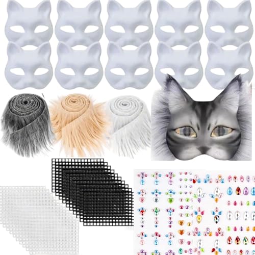 ASOUUNLD 10 Piezas Máscaras de Gato, Máscara Therian Mascara de Gato Papel Blanco Bricolaje Máscara Pintada a Mano Personalidad con 3 Pegatinas de Piel, 20 Malla y 2 Diamantes para Carnaval, Cosplay