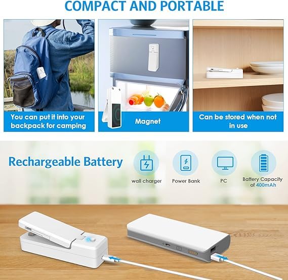 Image of Portable Mini Sealing Machine 2 in 1 USB Rechargeable Magnetic Bag Sealer Heat Seal with Cutter, Plastic Bags Packing Machine Home Appliances (USB Sealer)