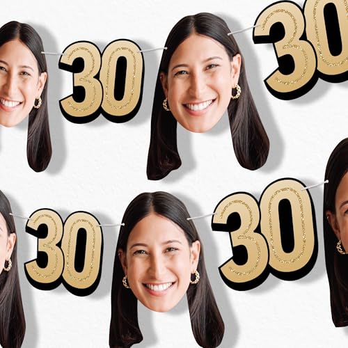 Custom Photo Adult Black & Gold 30th Birthday Decor - Garland Banner - 10pc