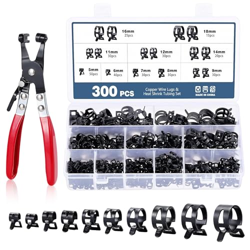 300 Stück Schlauchschellen Set KFZ: Schlauchklemme Federbandschellen 5-18mm mit Einer Schlauchklemme Zange Kraftstoffleitung Reparaturset 10 Größen