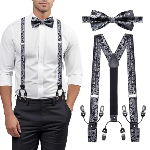 Image of YOHOWA Men Suspenders 6 Clips Strength Adjustable Y Braces Pre-Tied Bow Tie Set Formal Wedding Party