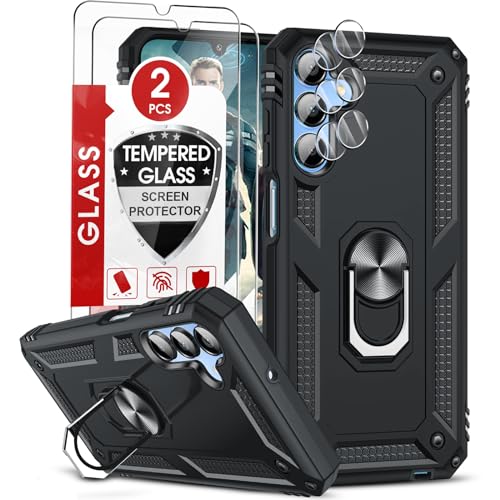 Cover per Samsung A15 Custodia con 2 x Pellicola Vetro Temperato +2 x Protezione Fotocamera Grado Militare 360° Anello Supporto Bumper Antiurto per Telefono Galaxy A 15 tpu nero