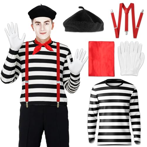 Luzcexs 6 PCS French Mime Costume Adult Men Black and White Stripe Shirt with Black Beret Face Paint for Halloween Cosplay (Large)