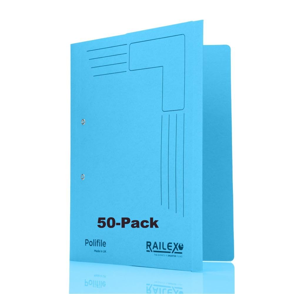 Railex Polifile A4 Folder - Turquoise Pack of 50 for Paperwork A4, Lever Arch File and Ring Binder Alternatives with Flexible Spine and Document Wallet, Cardboard Folders with Durable Plastic Prong