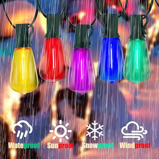 LED Outdoor String Lights Waterproof 50FT Christmas Patio Lights with 27 ST38 Shatterproof Multicolor Bulbs(2 Spare), Connectable Outside Hanging Christmas Lights for Backyard Yard Gazebo Porch Party