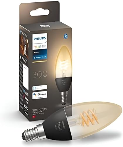Philips Hue - Bombilla LED Inteligente de Filamento, Luz Blanca Cálida Regulable, casquillo E14 tipo vela 4.5W 300 Lúmen