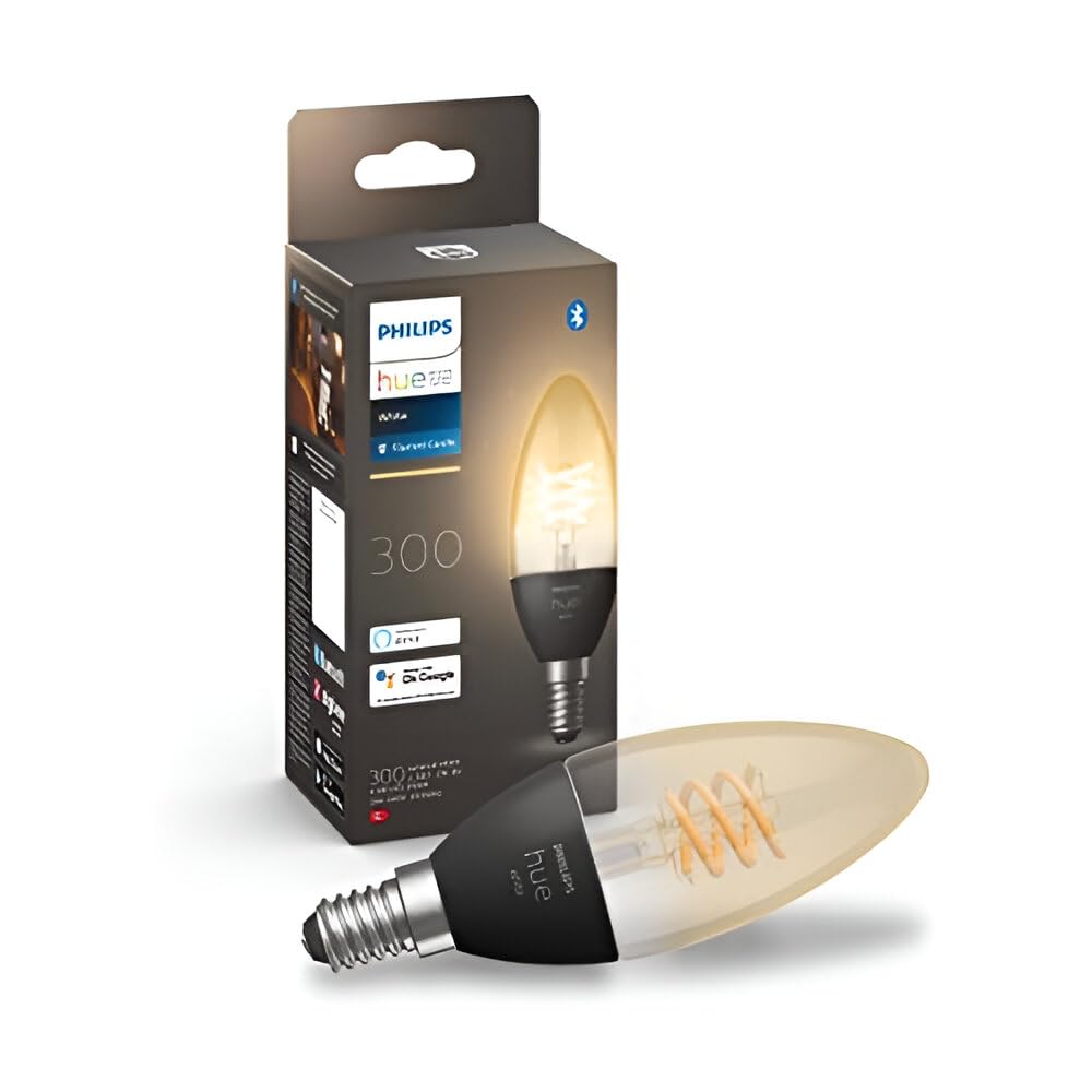 Philips Hue - Bombilla LED Inteligente de Filamento, Luz Blanca Cálida Regulable, casquillo E14 tipo vela 4.5W 300 Lúmens, Compatible con Alexa y Google Home