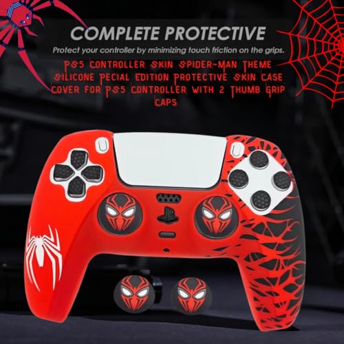Image of TMG PS5 Controller Skin Spider-Man Theme Silicone Pecial Edition Protective Skin Case Cover for PS5 Controller with 2 Thumb Grip Caps (Red)
