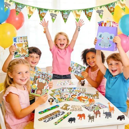 Animal Party Favors Fillers, 108pcs Jungle Safari Party Favors Supplies Set Includes Animal Party Goodie Bags Keychains Bracelets Wooden Animal Ornaments etc Safari Birthday Decorations — view 6