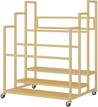 AMUFJJ Tiered Design Yoga Mat Organizer Shelf, Floor Standing Gym Storage Rack with 4 Wheels for Home Gym Fitness Class Studio Workout Room, Simple Iron Exercise Mat HolderGold,80X60X90CM