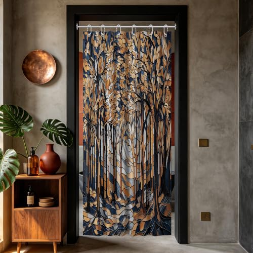 puuiui Blue and Beige Stall Shower Curtain, 36x72 in Small, Stained Glass | for Stand Up Shower, Brown Forest Abstract Theme, Rv Camper Bathroom Decor, Waterproof Fabric, with Hooks