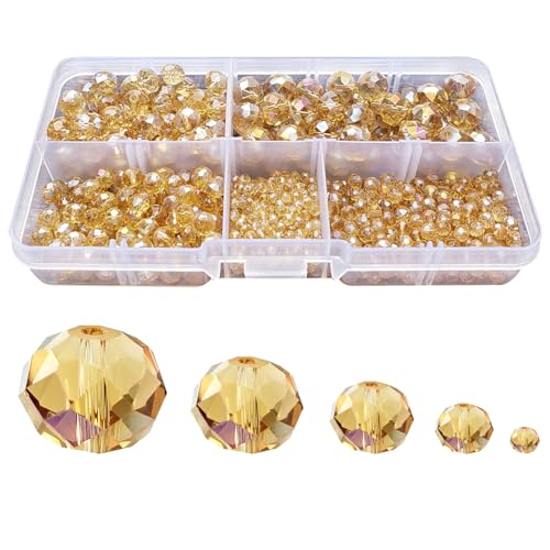 Image of Gold Champagne Rondelle Glass Beads for Jewelry Making, Faceted Briolette Crytal Spacer Beads for Bracelet Necklace Earring (2mm 4mm 6mm 8mm 10mm Mixed Sizes, 1000pcs)