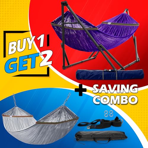 Image of Tranquillo Combo x2 Hammocks with Stand for Outside & Tree Straps, Heavy Duty Hammock with Stand 600lbs for Indoor Outdoor Patio Backyard, x2 Hammocks for 2 Person (Combo - Purple, Medium)