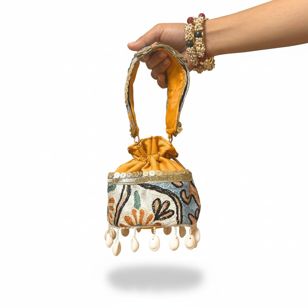 Woca Design Golden Sunset Handcrafted Potli Bag Elegant Small Clutch for Women Genuine-image-34