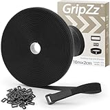 GripZz Wiederverwendbare Klettband, 10 m x 2 cm mit 50 Schnallen Rolle Einstellbare Kabelriemen mit Schlaufen, Hakenband zum maßschneiden, für Kabelmanagement und Aufbewahrung