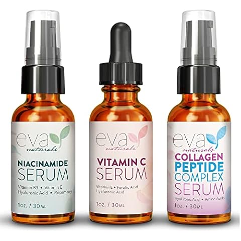 Natural Firm & Glow Skincare Set of 3 Serums - Skin Care Kit with 20% Vitamin C Serum, Peptide Complex Serum, Niacinamide Vitamin B3 Serum to Brighten Complexion and Smooth Wrinkles by Eva Naturals Cover