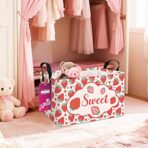 Image of Rectangular Storage Basket Fabric Organizer Bin for Toys,Books,Clothes,Gifts,Pets-Perfect for Home,Office,Nursery,Dorm,Shelf(Rec-strawberry)