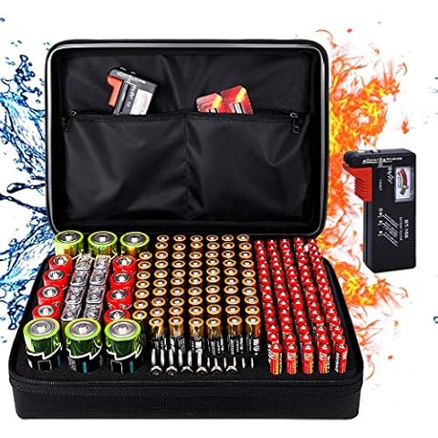 DocSafe Fireproof Battery Organizer Storage Box,Fireproof Waterproof Carrying Case Bag Holder,Safe Storage Holds 200+ Batteries AA AAA C D 9V, with Battery Tester BT-168 (Not Includes Batteries) Cover