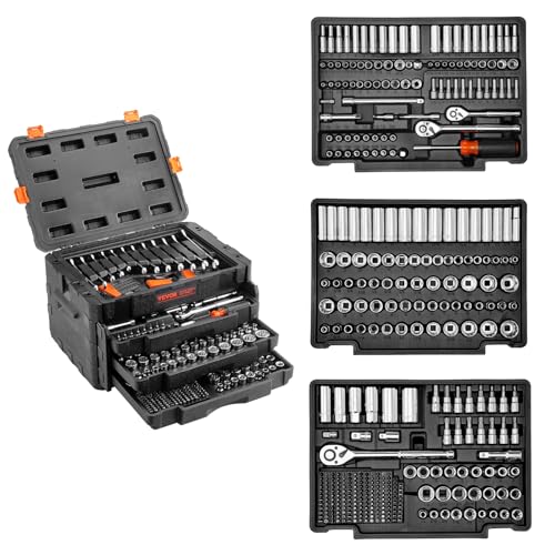 VEVOR Mechanics Tool Set and Socket Set, 1/4" 3/8" 1/2" Drive Deep and Standard Sockets, 450 Pcs SAE and Metric Mechanic Tool Kit with Bits, Combination Wrench, Hex Wrenches, Accessories, Storage Case -  450 Pcs Mechanics Tool Set