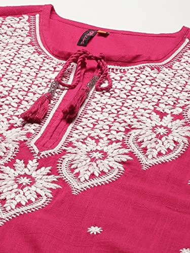 Image of ishin Women's Cotton A-Line Embroidered Beads and Stones Floral Print Pink Kurti