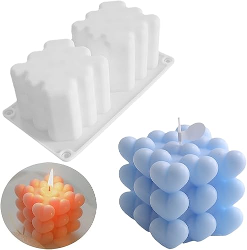 LSLEVA Molde de silicona con forma de cubo de burbujas de corazón de 2 cavidades molde de burbujas geométrico 3D para hacer velas jabón de resina