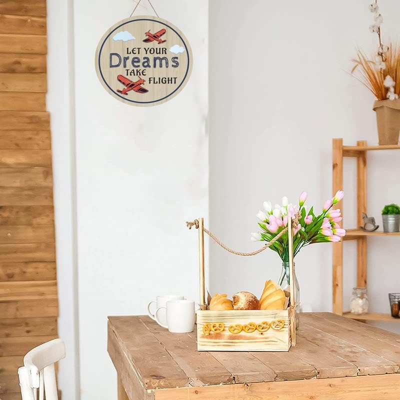 Airplane Wooden Wall Hanging Let Your Dreams Take Flight Inspirational Quotes Door Sign, Antique Airplane Door Sign Wall Hanging for Toddler Kids Room Nursery Playroom Classroom Decor (12" X 12")