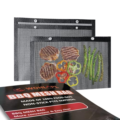 WOHLOPL Grilling Bags for Outdoor Grilling, Set of 2-100% Non-Stick BBQ Grill Mesh Bags, Reusable and Convenient to Clean, 15.7 x10.6 Inch x 2pcs