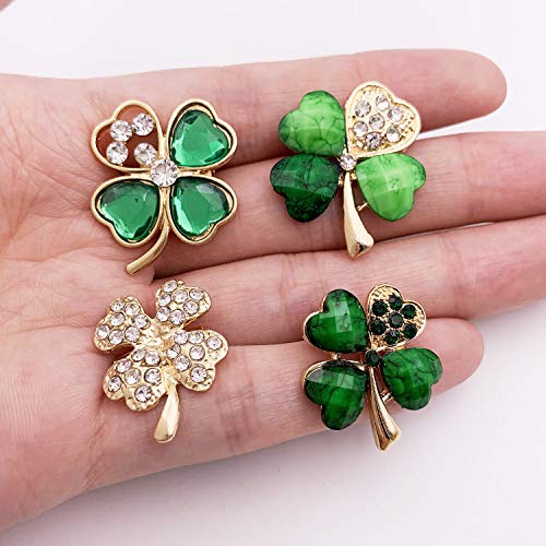 Xgalbla 4 Pcs St. Patrick's Day Good Luck Charm Green Four Leaf Shamrock Clover Pin Brooch #TOP4