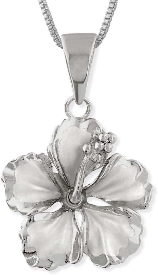 Hawaiian Silver Jewelry 17mm Sterling Silver Hibiscus Pendant Necklace, Chain Necklace with Hibiscus Flower Pendant, 16+2" Extender, Made in Italy