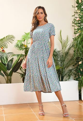 Image of NAVINS Womens Floral Print Modest Wedding Guest Midi Dress with Pockets | Puff sleeve tiered boho dress for summer, church, and vacations. Elastic waist, Below knee, hand or machine wash.