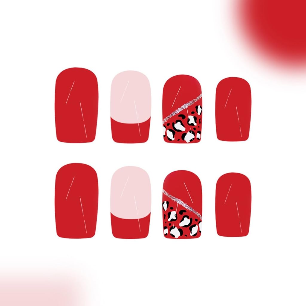 Fall Short Square 24 Pcs Leopards Designs Full Covers French Tip False Nails Manicure Decoration 24Pcs