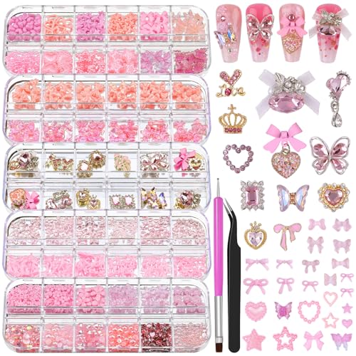 5 Boxes 3D Nail Charms Set 24Pcs Y2k Alloy Nail Art Rhinestone Charms 3D Bow Flower Crown Heart Star with Tweezers and Dual-end Brush for Manicure Salon DIY Crafts Face Makeup Gems Jewels (Pink)