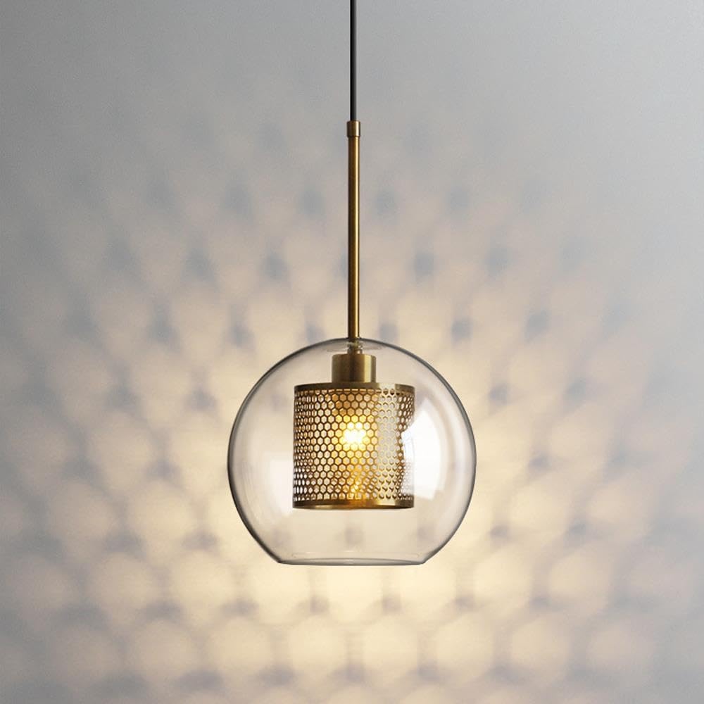 LAUMZX Lampada a sospensione moderna a forma di globo in ottone, paralume in rete traforata in vetro trasparente da 9,4 pollici, lampada a, illuminazione a soffitto dorata for isola della cucina