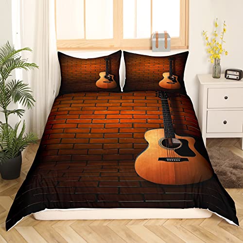 Feelyou Youth Bedding Set Guitar Printed Bedding For Boys Teen Girls Kids, Rock Music Decor Comforter Cover, Retro Musical Instruments Art Duvet Cover Queen Size Antique Style Soft Bedspread Cover #TOP2