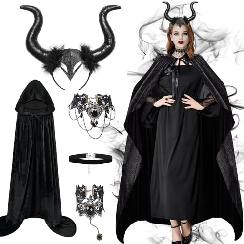 GEEKEO Malefica Disfraz Carnaval Mujer, Halloween Capa Negra Mujer con Diadema de Cuerno Negro Devil Horns, Collar Pulsera de Encaje Gótico para Carnaval Fiesta Cosplay Accesorio Disfraces Adulto