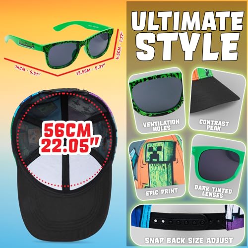 Image of Minecraft Trucker Hat Baseball Cap and Kids Sunglasses Set Adjustable Snapback UV Protection Gamer Gifts