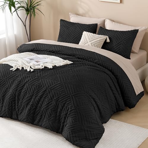 Image of Andency Black Comforter Set Queen, Lightweight Fluffy Bedding Comforter Sets for Queen Bed, 3 Pieces Tufted Farmhouse Shabby Chic Bed Set for All Seasons (1 Comforter 90x90In, 2 Pillowcases)