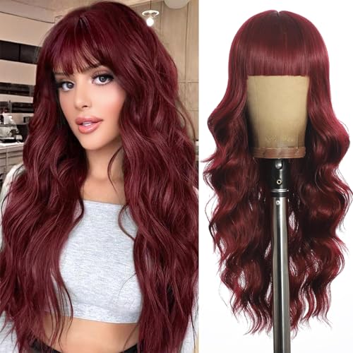 UNNYMGER Black Wig with Bangs Curly wavy Wig for Women Long Natural Black wavy wigs skin-friendly synthetic fibersc for festival holiday Use 26IN