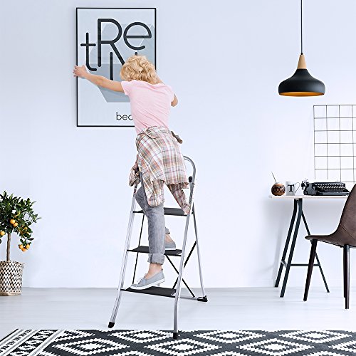 Delxo Lightweight Aluminum 3 Step Ladder Step Stool Single-Hand Carry Ladder with Handgrip Anti-Slip Sturdy and Wide Pedal Multi-Use for Household and Office Portable Step Stool 300lbs