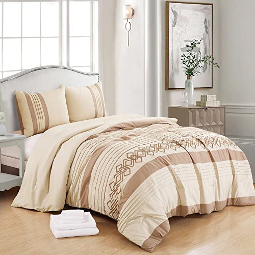 Chezmoi Collection Liliana King Bed In A Bag 7-Pieces Taupe Geometric 3D Embroidery Pleated Stripe Comforter Set With Sheets All Season Bedding Set, King #TOP5